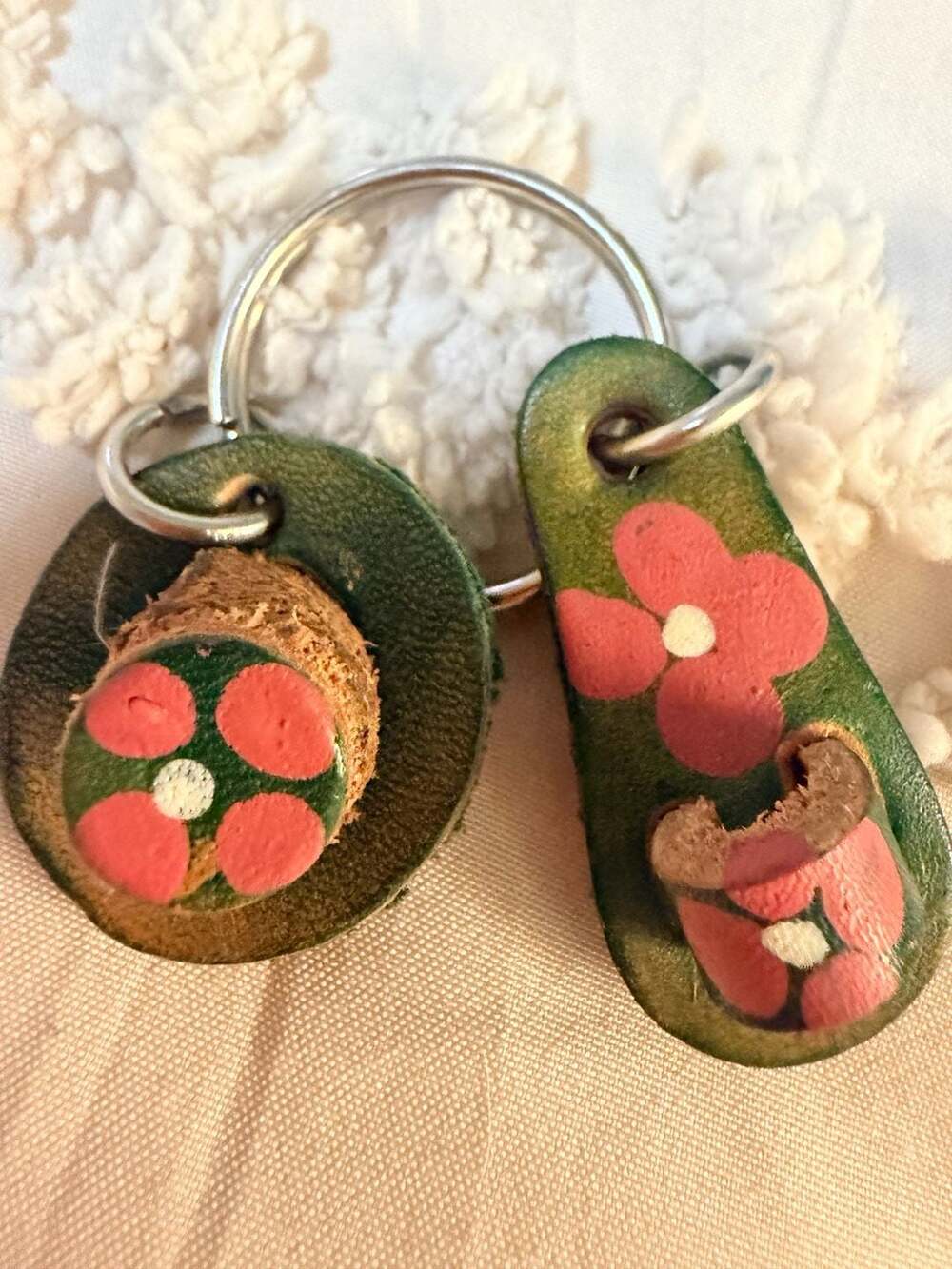 Vintage Handmade Leather Flower Sandal And Hat Mexico Souvenir Keychain
